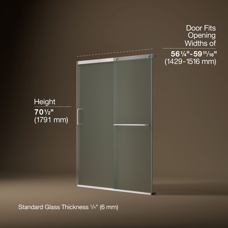 Elate Sliding Shower Door, 70-1/2-In H X 56-1/4 - 59-5/8-In W, With 1/4-In Thick Crystal Clear Glass, Silver/Frosted