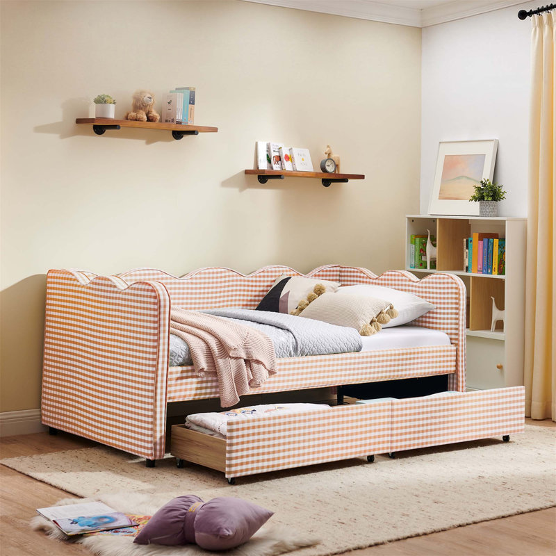 Lit de jour Cozy Gingham avec deux tiroirs de rangement, port USB et adorable tissu en forme de vague (matelas non inclus)