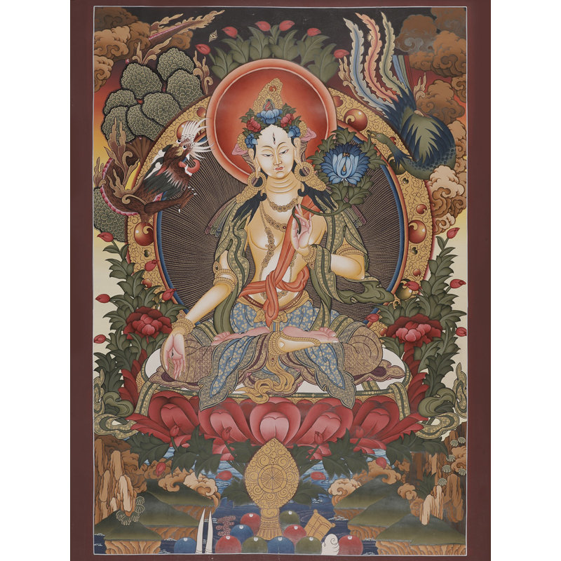 Déesse blanche Tara Brocadeless Thangka | Art mural bouddhiste tibétain peint à la main | Décoration en or 24 carats de guérison et de bienveillance (36,2 po x 24,4 po)