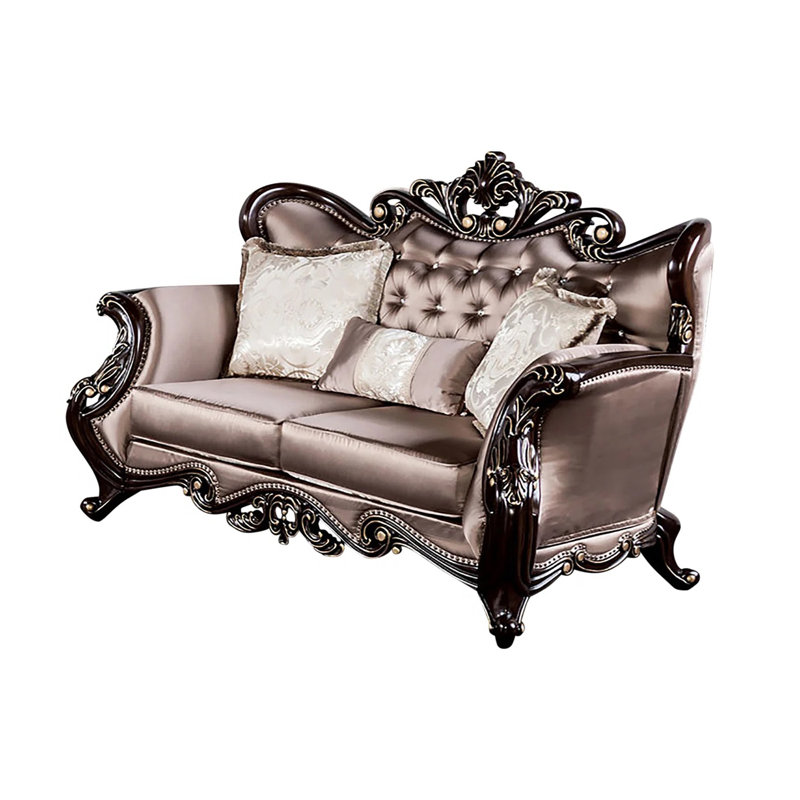 70" W Traditional Loveseat, Dark Cherry/Brown, Dark Brown Wood, Dark Cherry/Brown