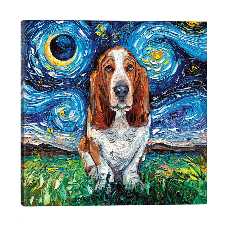 Basset Hound Night by Aja Trier - Painting on Canvas, No Frame, 30.48 cm H x 30.48 cm W