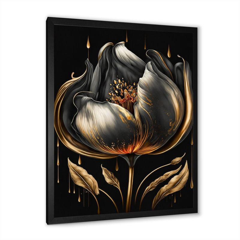 Tulipe noire et dorée - art mural encadré, Cadre photo noir, H 20 po x l 12 po x P 1 po