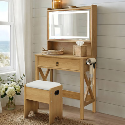 Farmhouse Vanity Desk with Lighted Mirror and Charging Hub