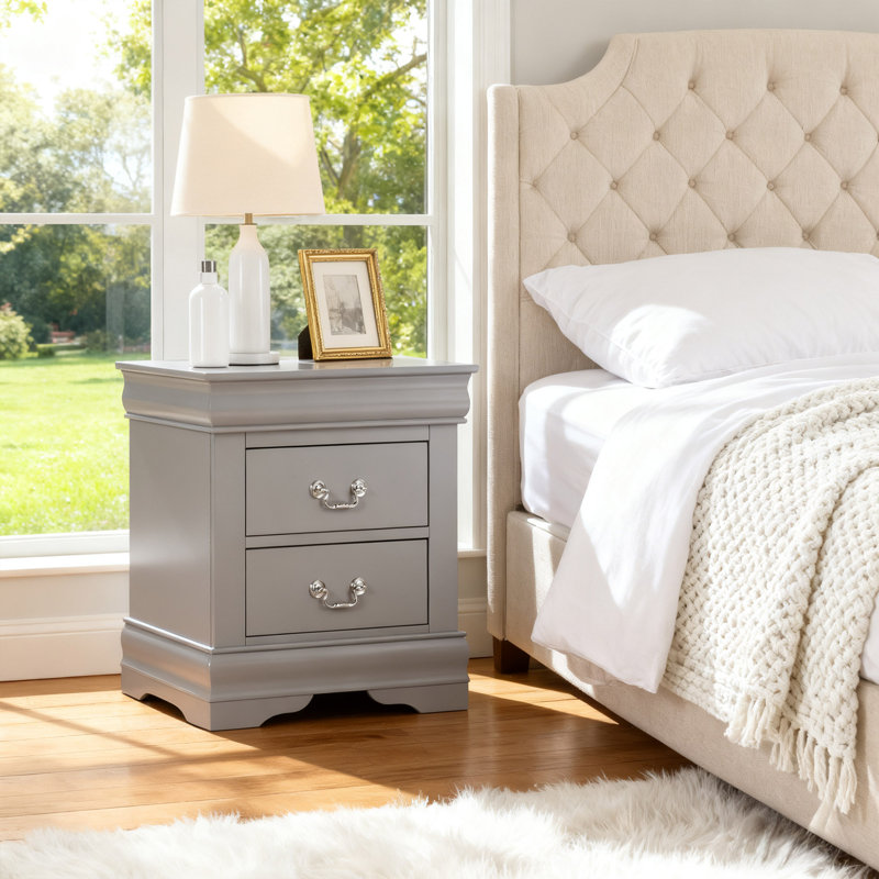 Transitional 2-Drawer Solid Wood Nightstand, No Assembly Required, Gray