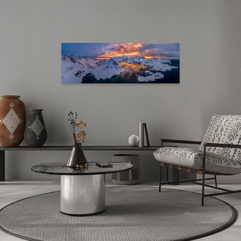 «Winter Mountain Sunset Glow Colorful Dramatic Serene Coastal Landscape», art mural, H 36 po x l 12 po