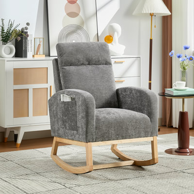 Upholstered Rocking Glider Chair, Rocker Nursery Chair with High Back and Side Pocket, Rocking Accent Armchair with Rubber Wood Legs, for Living Room, by Isabelle & Max