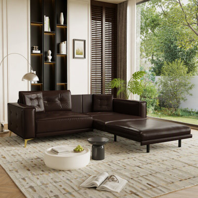 92.1" King Size Pull Out Sofa Bed 3-in-1 Convertible Sleeper Couch Dark Brown Faux Leather Tufted Modern with Ultra Wide Armrests and 2 Pillows for Living Room