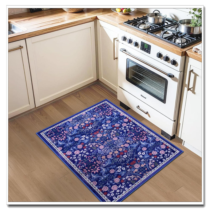Entryway Rug 2X3 Blue, Floral Vintage Washable Non-Slip Door Mat, Soft Low Pile Stain Resistant Indoor Throw Rug For Entrance Bedroom Kitchen Laundry Bathroom