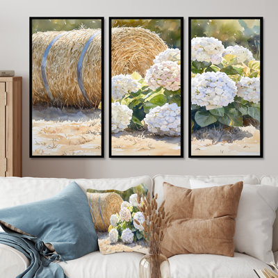 Hortensias dans la basse-cour I - art mural hortensias - ensemble de 3