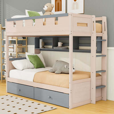 Lit superposé à deux tiroirs en bois avec bande lumineuse et tablettes de rangement