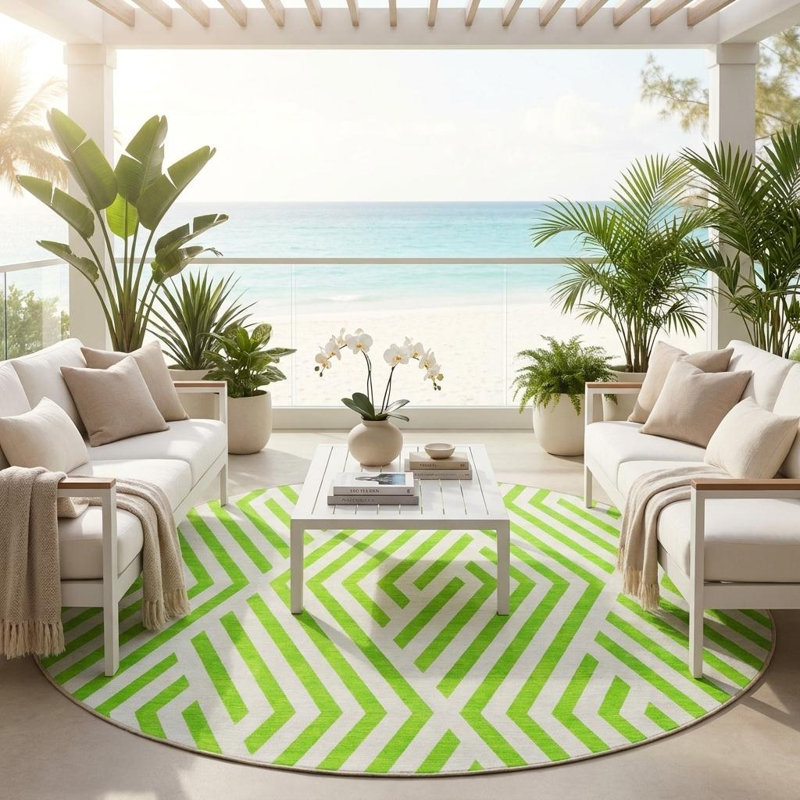 Tapis d'intérieur rond rond 8 pi vert lime et blanc à motif géométrique lavable antidérapant