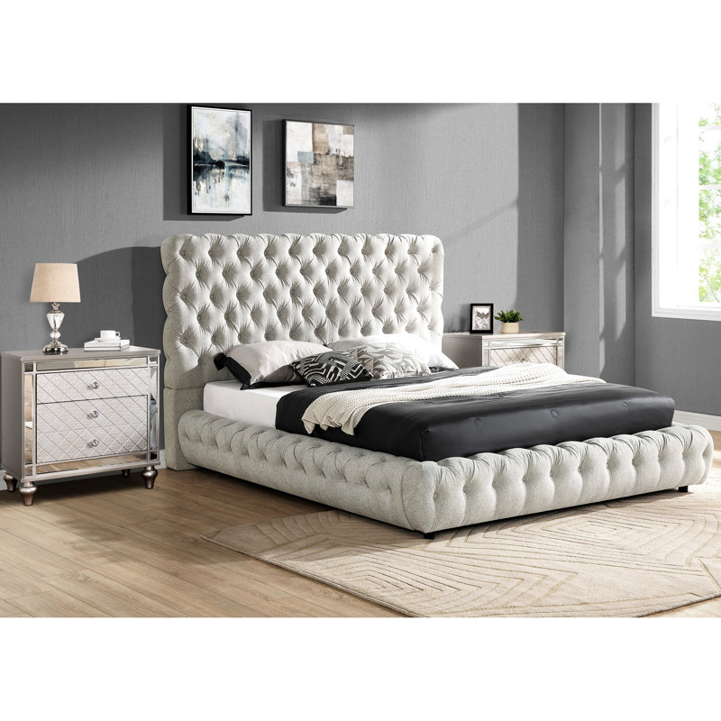 Lit très grand contemporain, tête de lit et lit moderne au fini gris avec bouton, Très grand lit, Gris