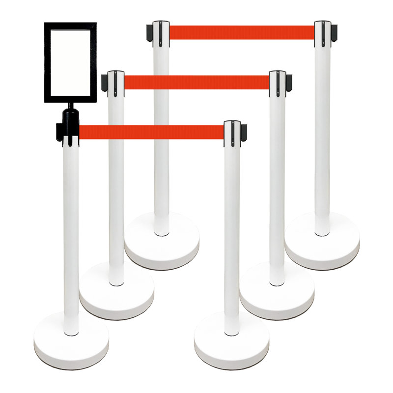 36" Retractable Belt Queue Safety Stanchion Barrier (6 White w/78" Red Belt+SF+W Receiver)