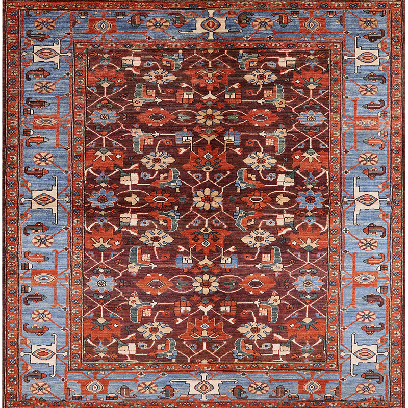 Tapis oriental rouge et bleu, Carré 3 pi