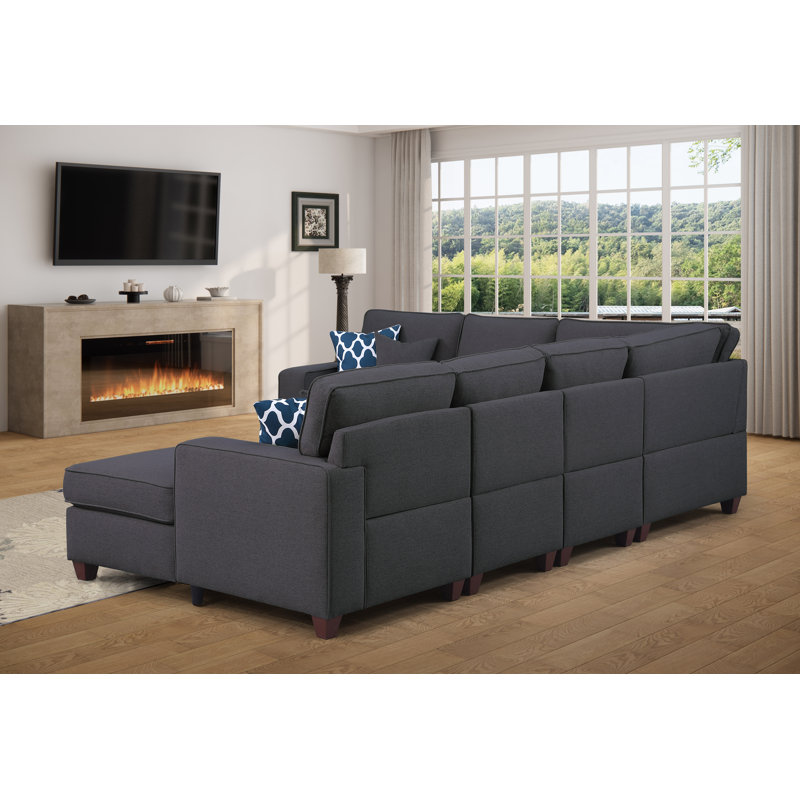 Samonie Upholstered U-Shaped Sectional, Dark Gray Linen