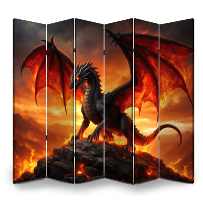6 panneaux paravent pliant Royal Fiery Dragon Ailes massives debout roche volcanique Toile cloisonnée Séparateur de pièce autoportant Cloison de protection Cloison d'intimité