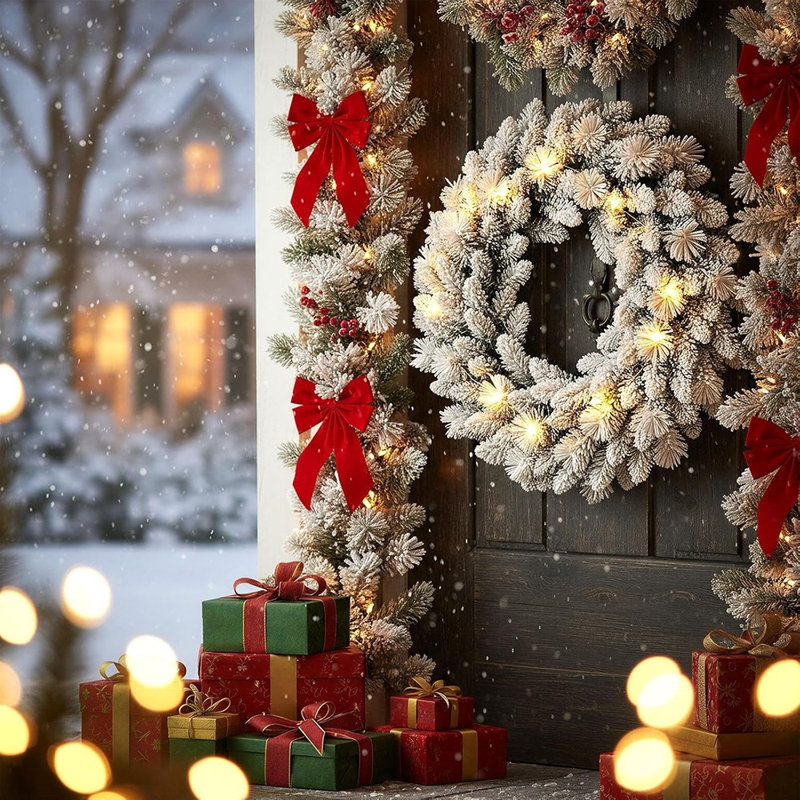 Couronne de Noël en flocons - blanc / vert - 13,7 pouces, lumières DEL, épinette enneigée, décoration de Noël intérieure / extérieure
