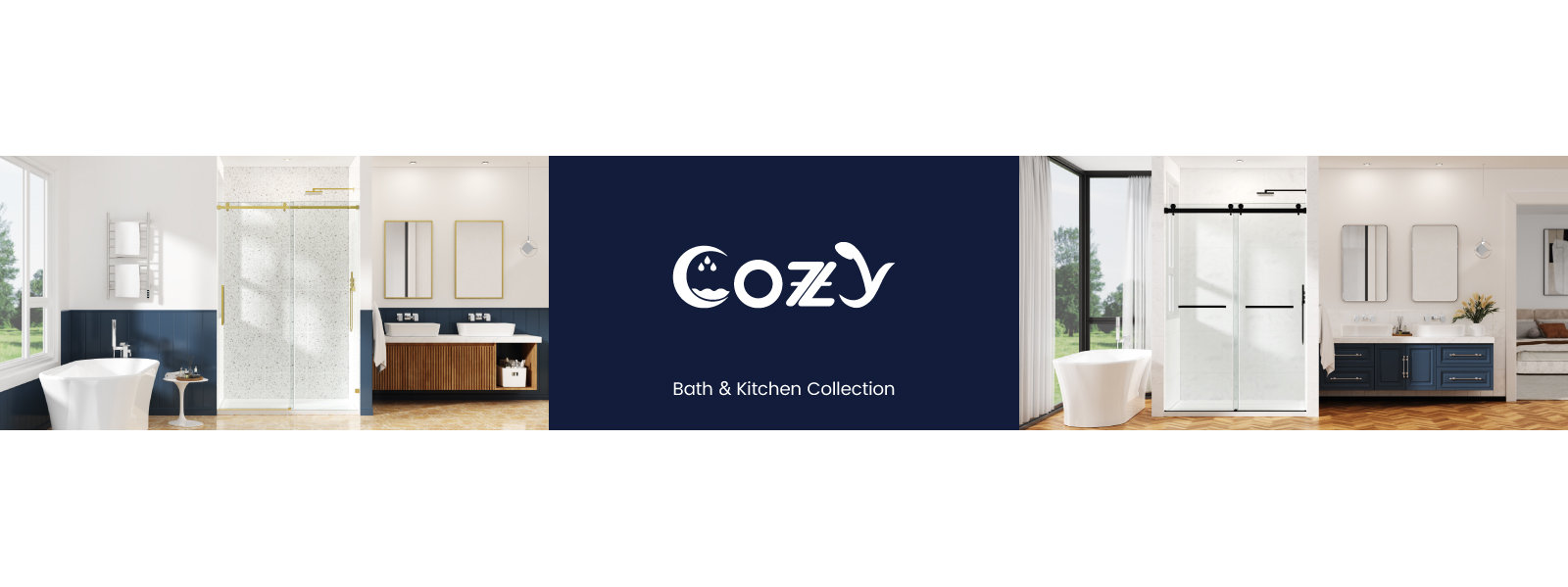 Cozy Bath & Kitchen Collection features modern bathroom interiors with glass shower enclosures and stylish vanities.