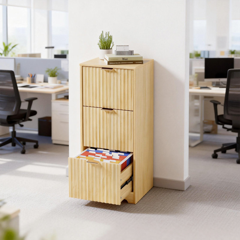 3 Drawer Wooden File Cabinet Wood Grain Finish Fluted Design P2 MDF & Particleboard
