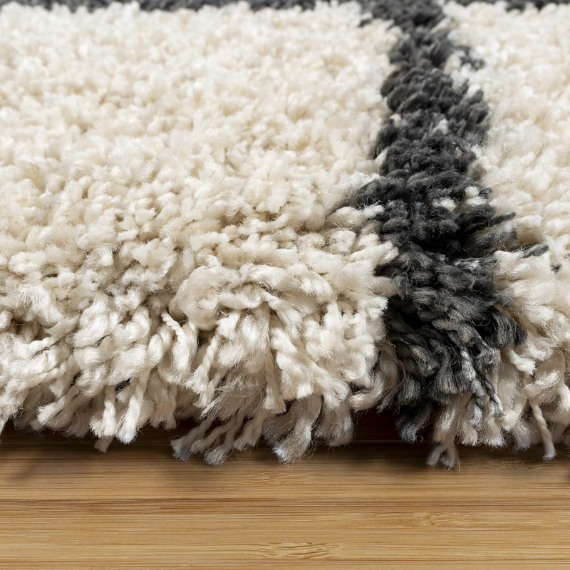  Ultimate Shag Modern Abstract Lines Ivory Black Polypropylene Thick Plush Shag Area Rug, Rectangle 7'10" x 10'