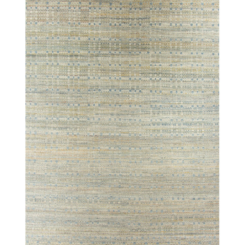 Geometric Hand-Knotted Wool Gray/Blue Area Rug, Rectangle 10' x 14'