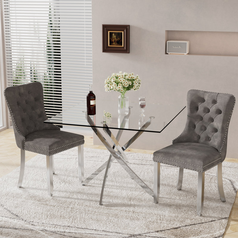 Square Pedestal Dining Set with Tufted Dining Chair, Gray, 3 Pieces: Table, 2 Chairs, Silver