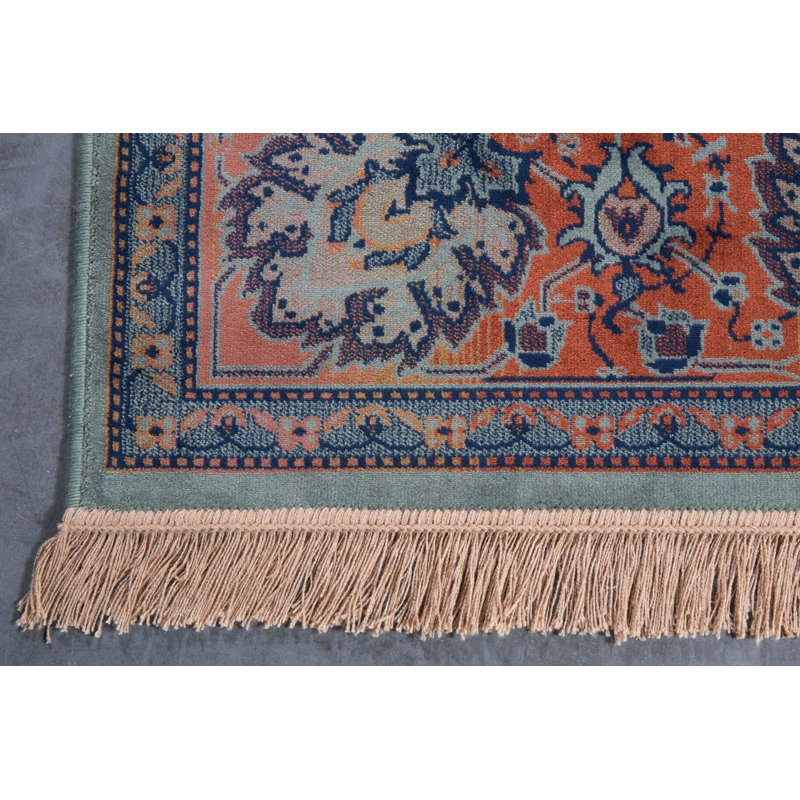 Bid Oriental Area Rug in Old Green/Orange/Blue, Rectangle 6'7" x 9'10"