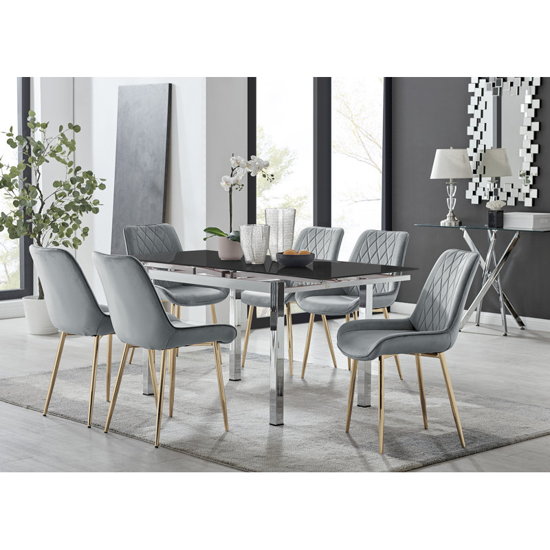 Tierra Modern Glass & Metal Extendable Dining Table Set & 6 Luxury Upholstered Velvet Dining Chairs, Gray/Black