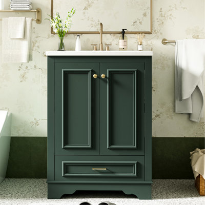 Meuble-lavabo de 61 cm avec lavabo en céramique, style moderne, lignes élégantes et poignées argentées, grand espace de rangement