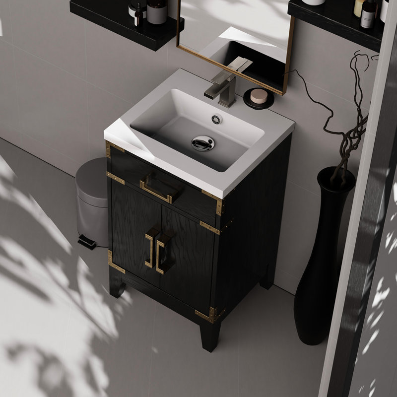 Meuble-lavabo simple en chêne noir 20 po Largeur, miroir de 18 po, comptoir en acrylique, fermeture en douceur et capacité de rangement avec le dessus et le compartiment