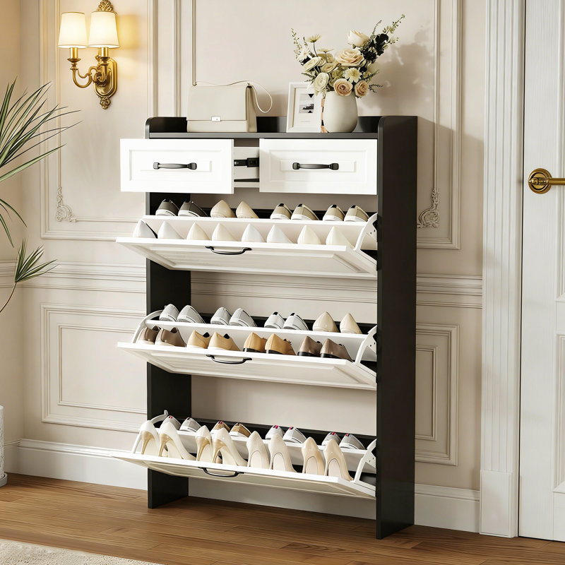Multifunctional Narrow Flip-Flop Shoe Cabinet With 3 Doors And 2 Drawers, Freestanding Shoe Cabinet With Adjustable Dividers, For Entrance Halls And Corridors
