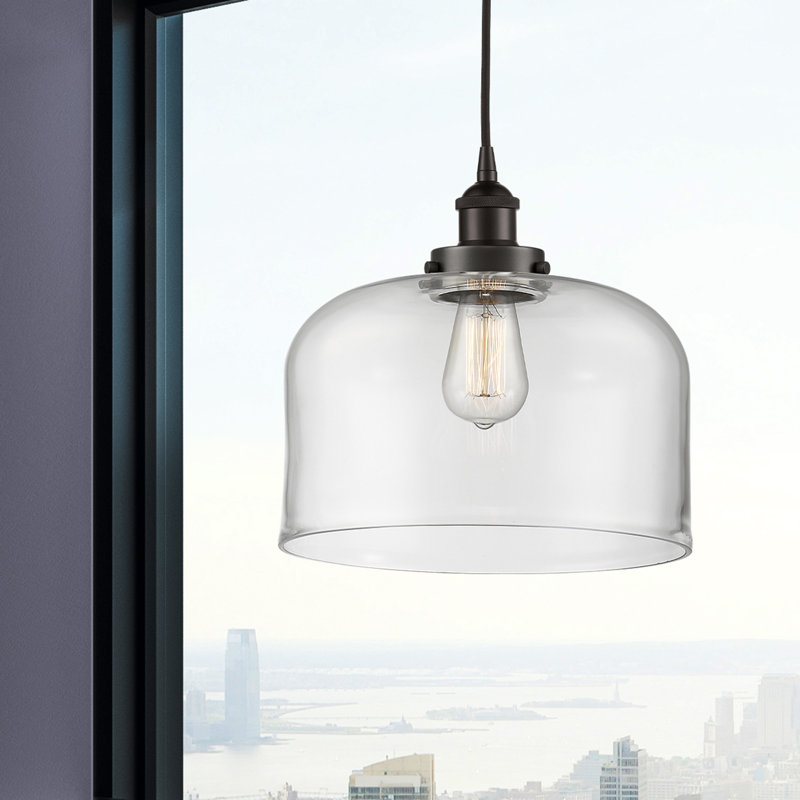 Luminaire suspendu en forme de cloche à 1 lumière Bostonia, Transparent, H 11,75 po x l 12 po x P 12 po, Bronze huilé
