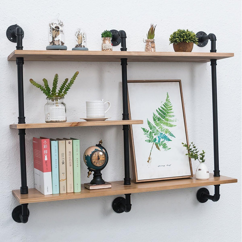 Industrial Pipe Shelf, 43.3In Heavy Duty 3-Tier Rustic Wall Mounted Bookshelf For Study, Kitchen, Living Room, And More