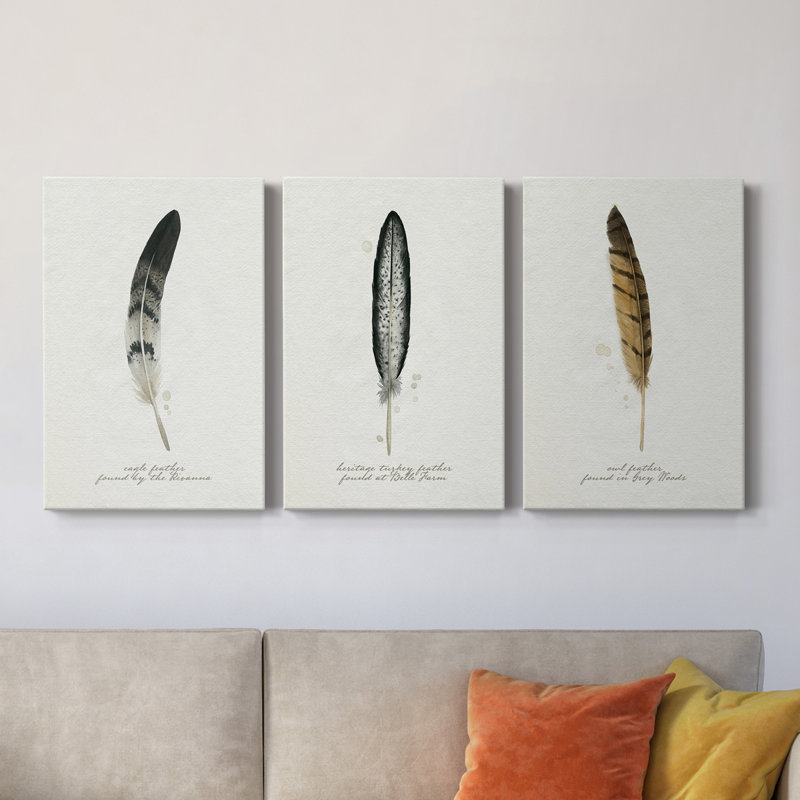 Found Feather I - ensemble de 3 peintures sur toile tendue, H 36 po x l 72 po x P 1 po