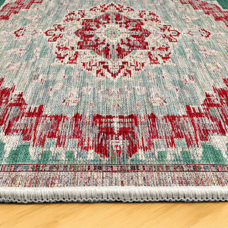 Girraj Burgundy Green Beige Oriental Machine Printed CGirrajn Polyester Area Rug, Rectangle 5'3" x 6'7"