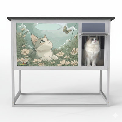 Weatherproof Outdoor Cat House, Elevated Feral Cat Shelter With High Legs, Curtained Door, Escape Door, Openable Top, Gray With Patterned Panel