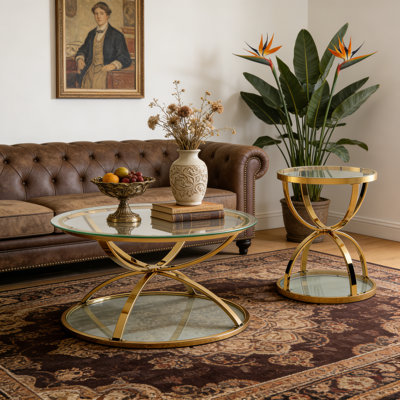 Modern Glass Coffee Table Set With 2 Tiers, Ring-Shaped Frames, Metal Frame And Clear Tempered Glass, Round Coffee Table Set For Living Room, Bedroom And Office, (Set Of 2)
