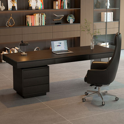 Bureau rectangulaire noir et gris en bois massif + acrylique avec 6 tiroirs