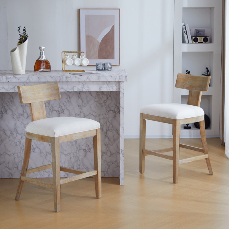 Ensemble de 2 tabourets de comptoir, tabourets de bar rembourrés avec structure en bois d'hévéa massif, dossier et repose-pieds confortables pour le bar et la cuisine