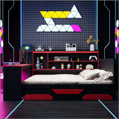 Lit de jour de jeu avec bureau et lumières intégrés, base de lit en bois moderne avec 3 tiroirs de rangement et station de charge intégrée, bibliothèque multifonctionnelle pour tête de lit