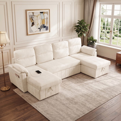 108.7" Upholstered U-Shaped Sectional Sofa Bed with Storage Pockets and USB Ports