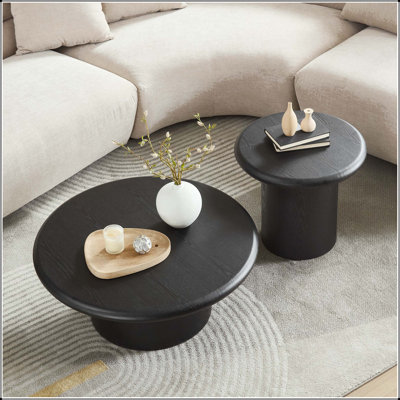 2-Piece Modern Round Coffee Table Set - Nesting Design with Wood Veneer