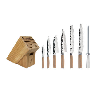 Shun Premier Blonde 8 Piece Professional Block Set, Includes 8" Chef, 4" Paring, 6.5" Utility, 9" Bread, 5.5” Santoku & 9.5” Slicing Knives, Handcrafted Japanese Knife Set, Pakkawood Handles