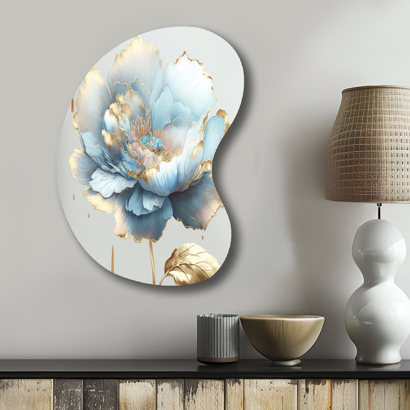 «Chic Blue Blooming Flower II» - fleurs, forme murale unique en métal, reproduction d'art asymétrique traditionnelle