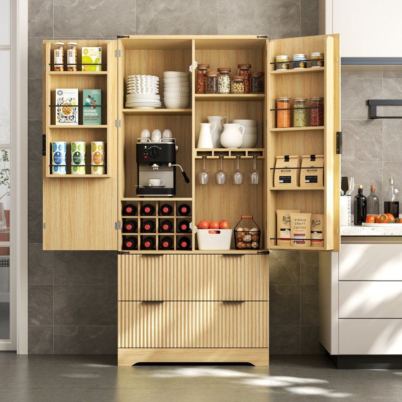 Armoire de cuisine de 71 po de hauteur, armoire de rangement cannelée avec 2 tiroirs et 7 tablettes de porte, armoire polyvalente avec support à vin et porte-verre et tablettes réglables pour la salle à manger et le salon