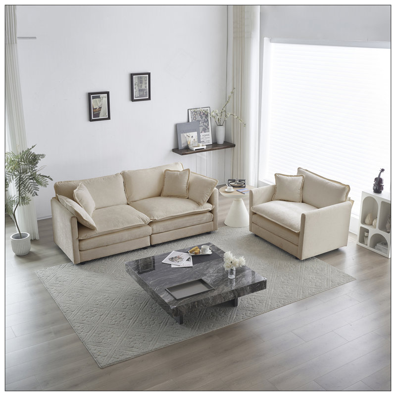 Ensemble de causeuse et de chaise 2 places, ensemble de canapé et de chaise 2 pièces, causeuse et fauteuil d'appoint, canapé de salon en chenille 2 pièces (1 + 2 places), chenille beige
