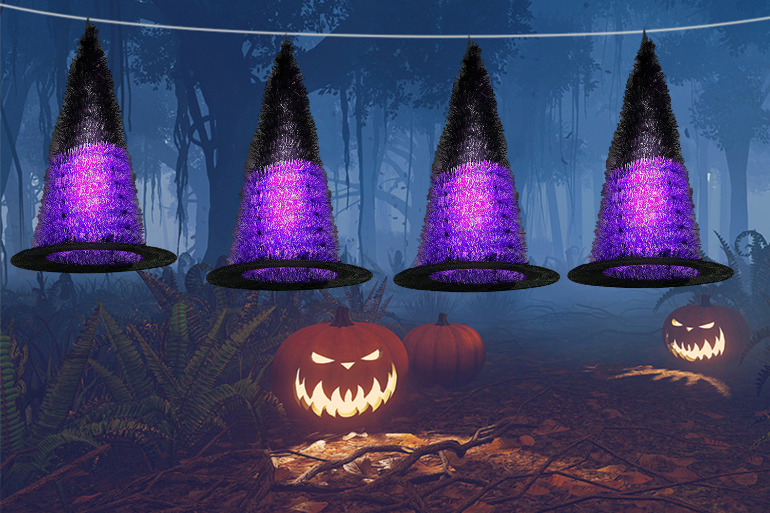 The Holiday Aisle Witch Hats Halloween Decor For Indoor Outdoor  Decorations With Purple Lights Funny(Set Of 4) | Wayfair