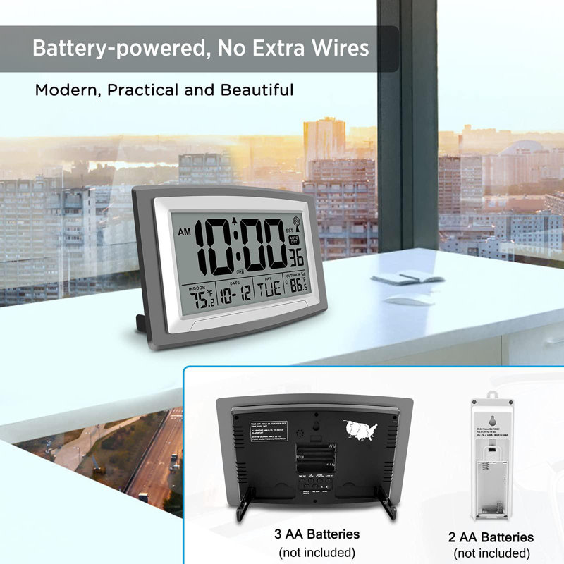 Atomic Clock With Outdoor And Indoor Temperature, 12.5 Inch Self-Setting Digital Clock Large Display, Battery Operated,(Silver And Metallic Grey)