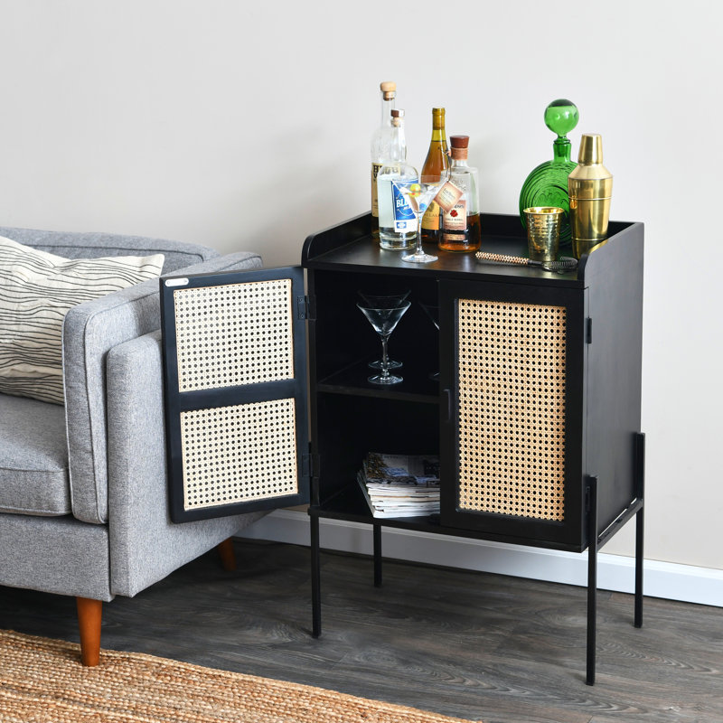 Solid Wood Bar Cabinet with Metal Legs and Woven Cane Doors, Black