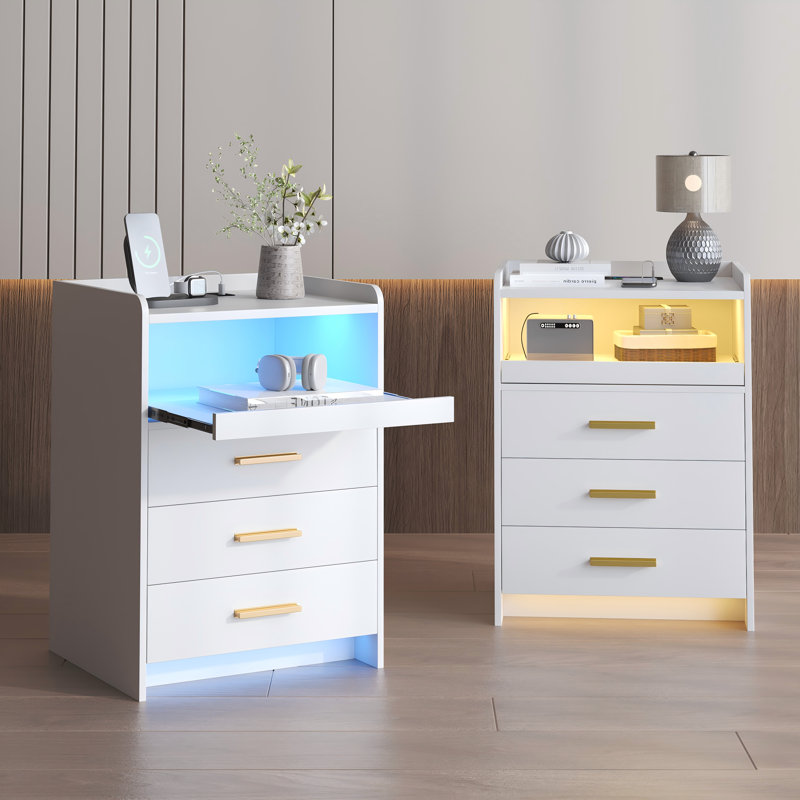 3 Drawer Nightstand With Ligh (set Of 2), White